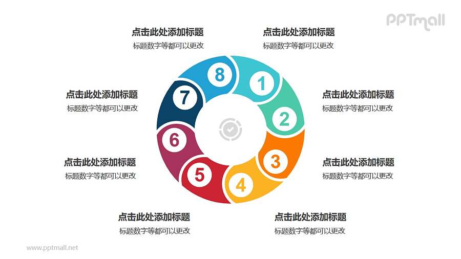8个带序号的拼图组成的空心圆循环关系逻辑图PPT模板