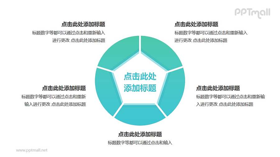 中间为五边形的空心圆5部分并列关系逻辑图PPT模板