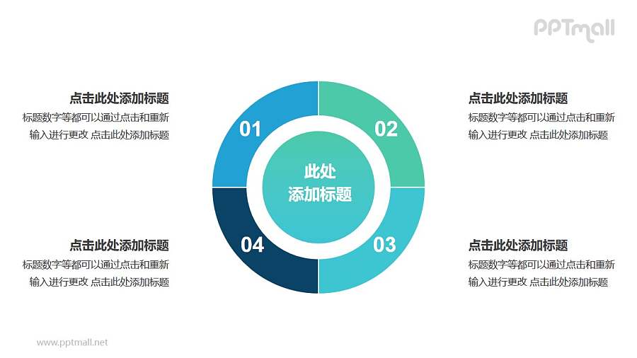 4部分空心圆形状的饼图并列关系逻辑图PPT模板