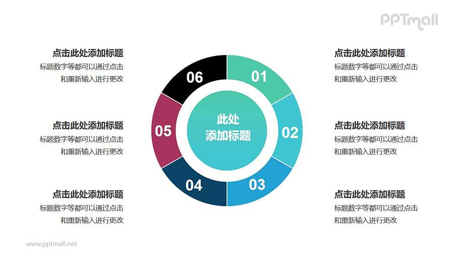 6部分空心圆形状的饼图并列关系逻辑图PPT模板