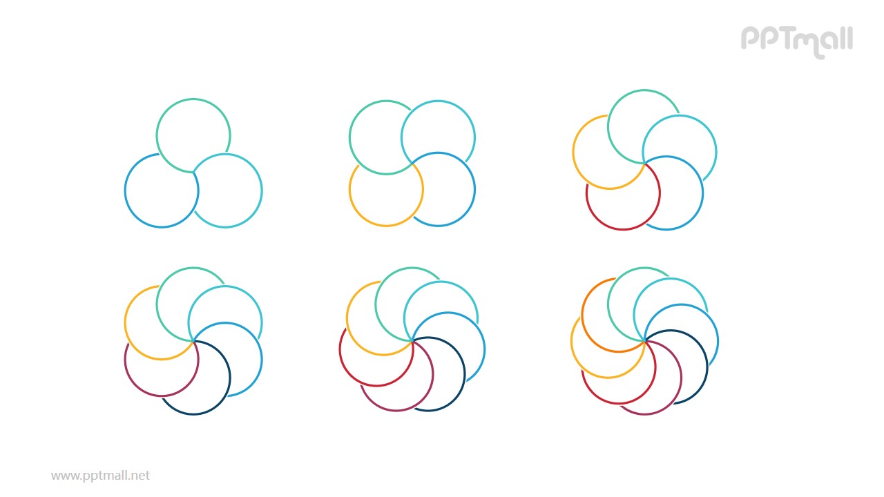 6组彩色花瓣状的圆形拼图循环关系逻辑图PPT模板