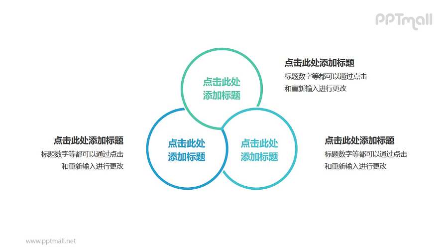 3个彩色圆形组成的花瓣图案循环关系逻辑图PPT模板