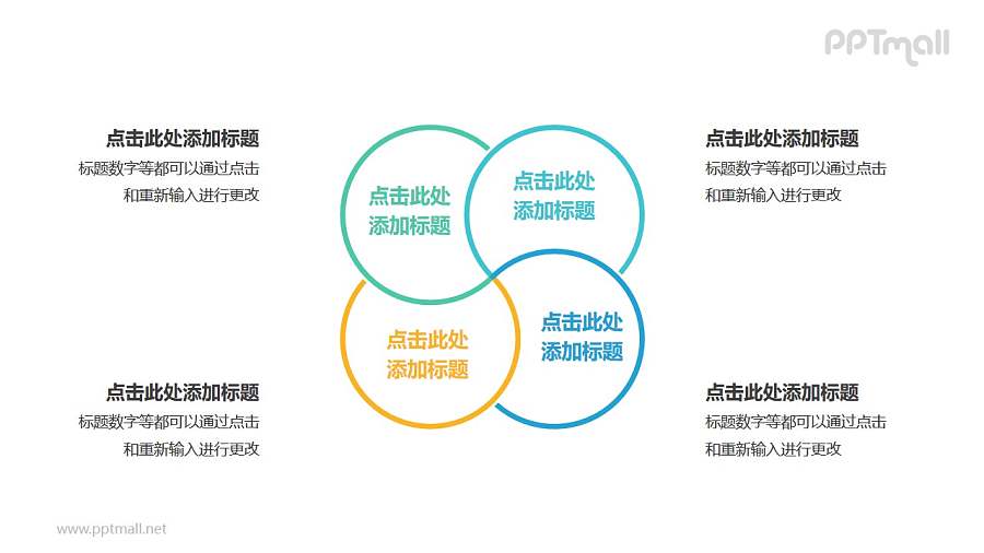 4个彩色圆形组成的花瓣图案循环关系逻辑图PPT模板