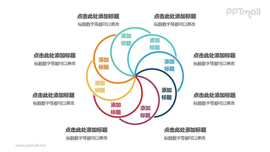 8个彩色圆形组成的花瓣图案循环关系逻辑图PPT模板