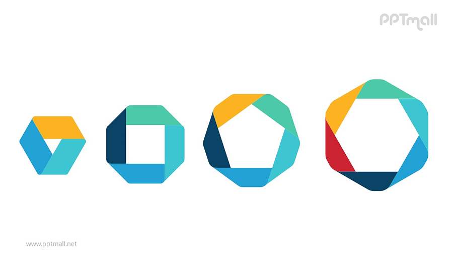 4组彩色折纸组成多边形并列关系关系逻辑图PPT模板