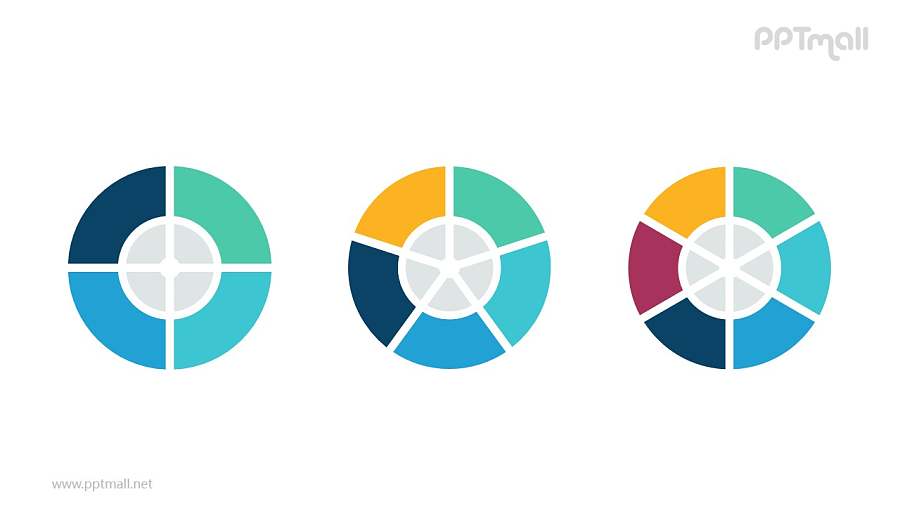 3个彩色饼图并列关系逻辑图PPT模板