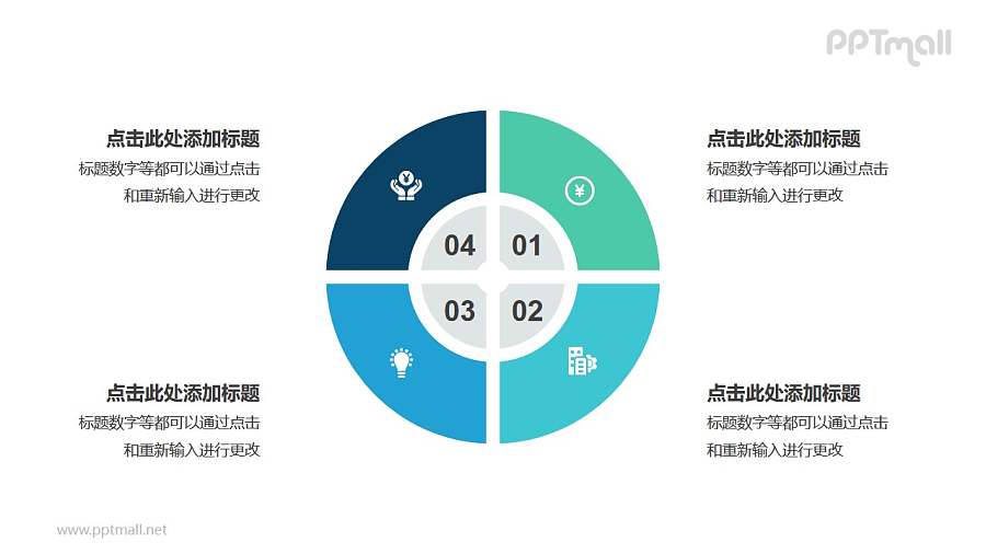 蓝绿色4部分饼图并列关系逻辑图PPT模板