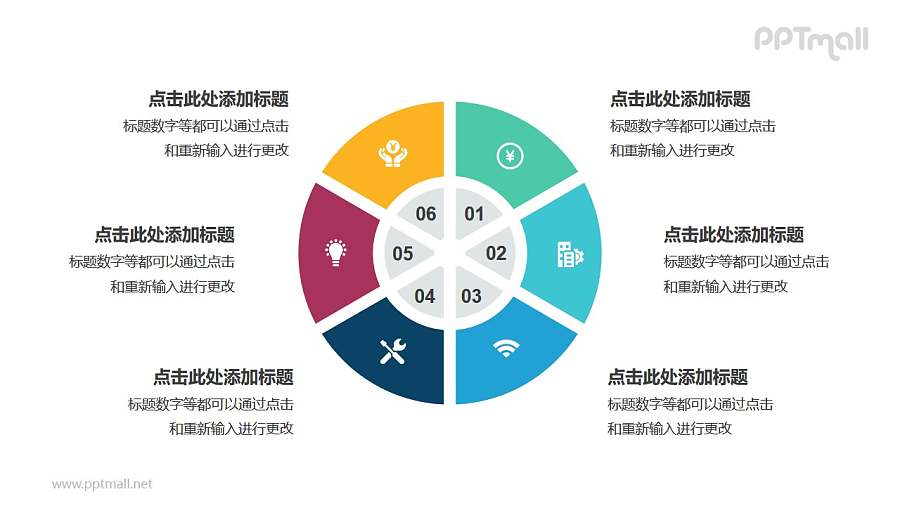 6部分同心圆形状的饼图并列关系逻辑图PPT模板