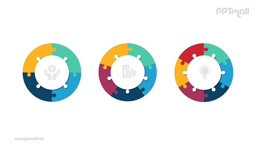 3个并列的彩色饼图循环关系逻辑图PPT模板