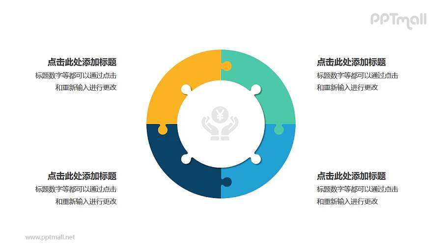 4个彩色拼图组成的同心圆循环关系逻辑图PPT模板