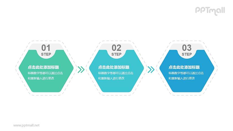 3个蓝绿色立体质感六边形卡片递进关系PPT模板