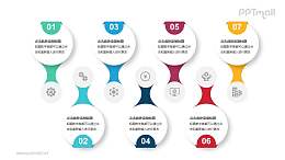 7個(gè)彩色立體圓盤卡片并列關(guān)系PPT模板