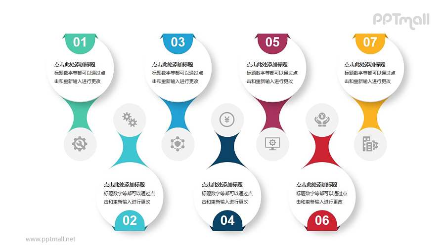 7个彩色立体圆盘卡片并列关系PPT模板