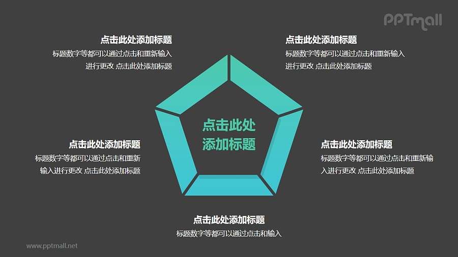 5部分绿色梯形组成的三角形循环关系逻辑图PPT模板