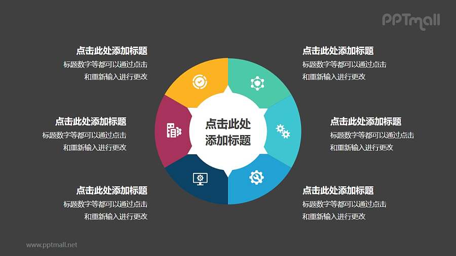 6部分组成的饼图循环关系逻辑图PPT模板