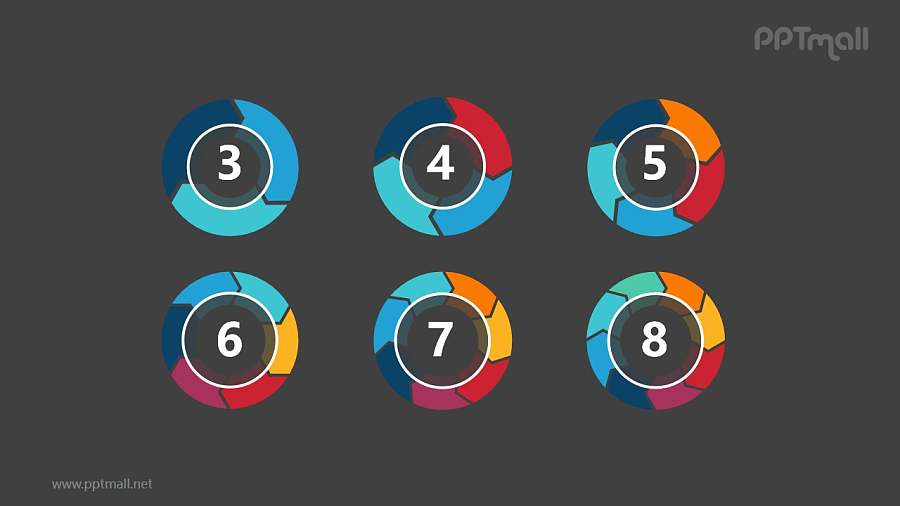 6个并列的环状图形循环关系逻辑图PPT模板