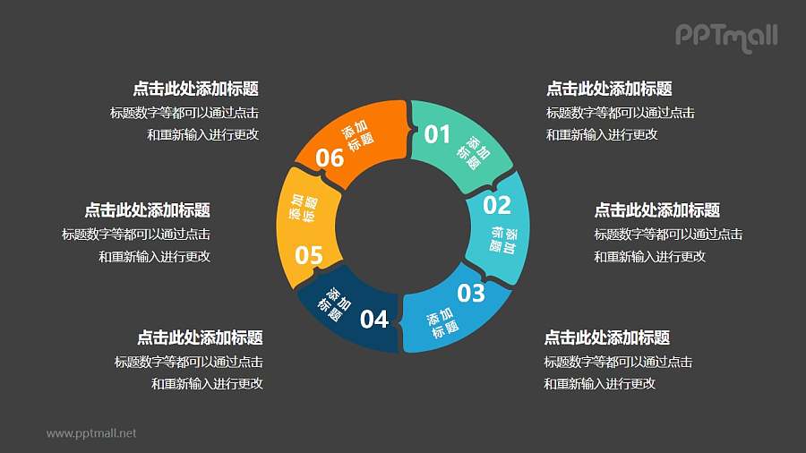 6部分组成的空心圆循环关系逻辑图PPT模板