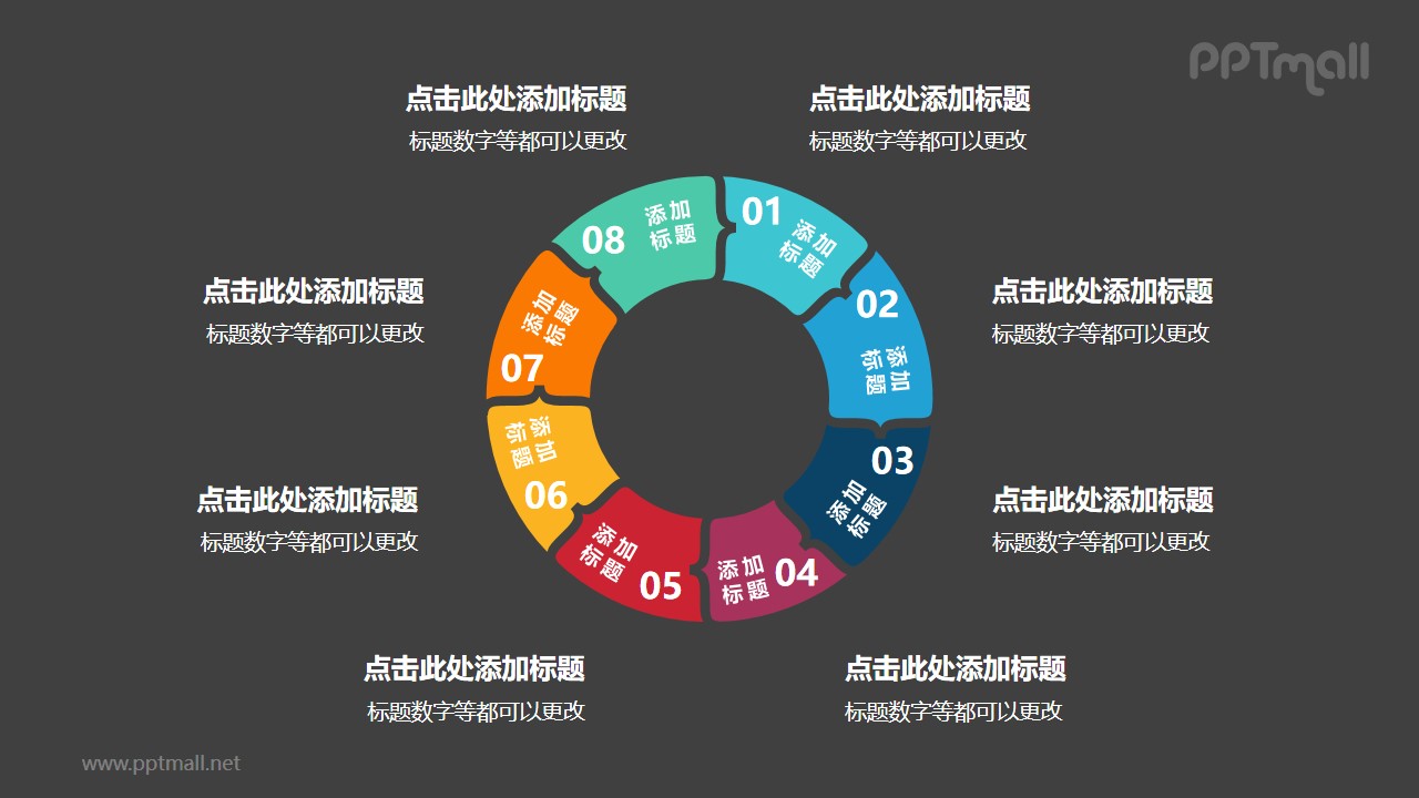 8部分組成的空心圓循環(huán)關(guān)系邏輯圖PPT模板