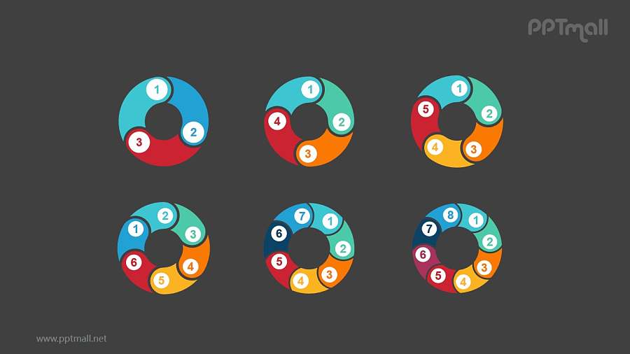 6组彩色拼图组成的空心圆循环关系逻辑图PPT模板