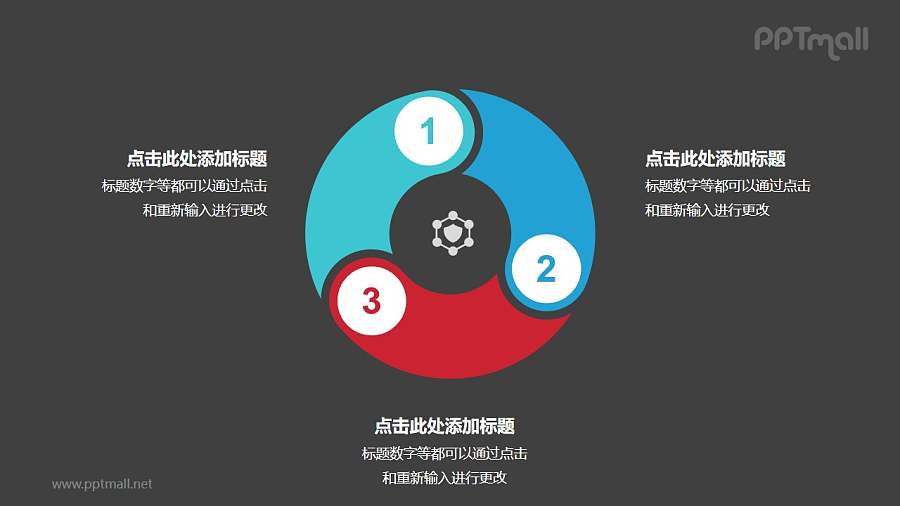 3个带序号的拼图组成的空心圆循环关系逻辑图PPT模板