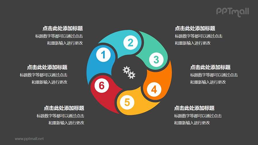 6个带序号的拼图组成的空心圆循环关系逻辑图PPT模板