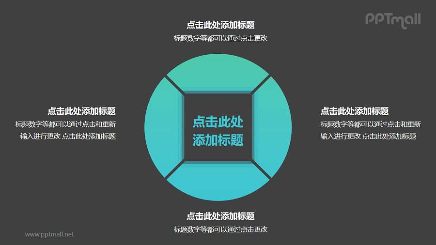 中间为四边形的空心圆4部分并列关系逻辑图PPT模板