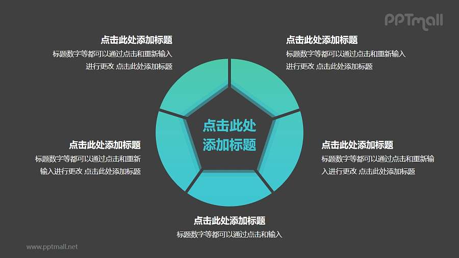 中间为五边形的空心圆5部分并列关系逻辑图PPT模板