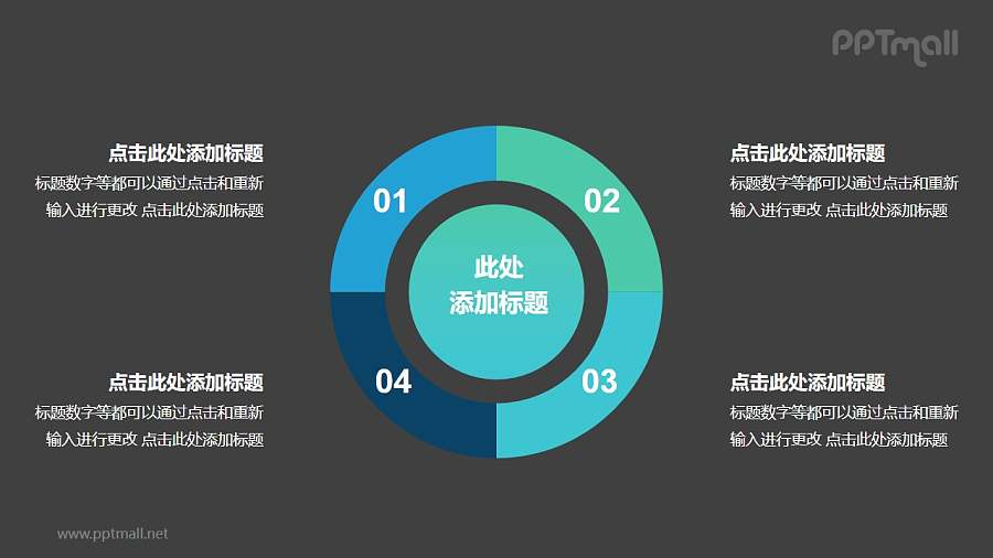 4部分空心圆形状的饼图并列关系逻辑图PPT模板
