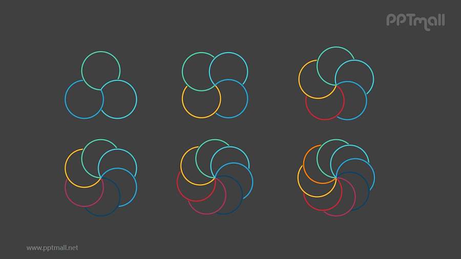 6组彩色花瓣状的圆形拼图循环关系逻辑图PPT模板