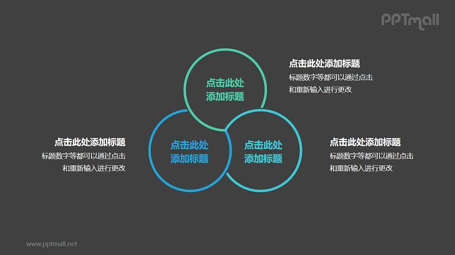 3个彩色圆形组成的花瓣图案循环关系逻辑图PPT模板