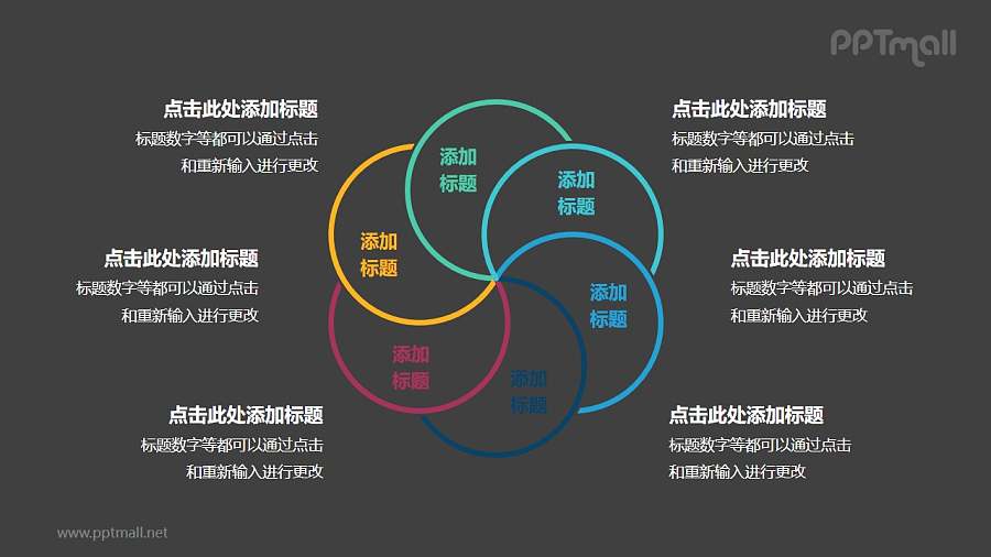 6个彩色圆形组成的花瓣图案循环关系逻辑图PPT模板