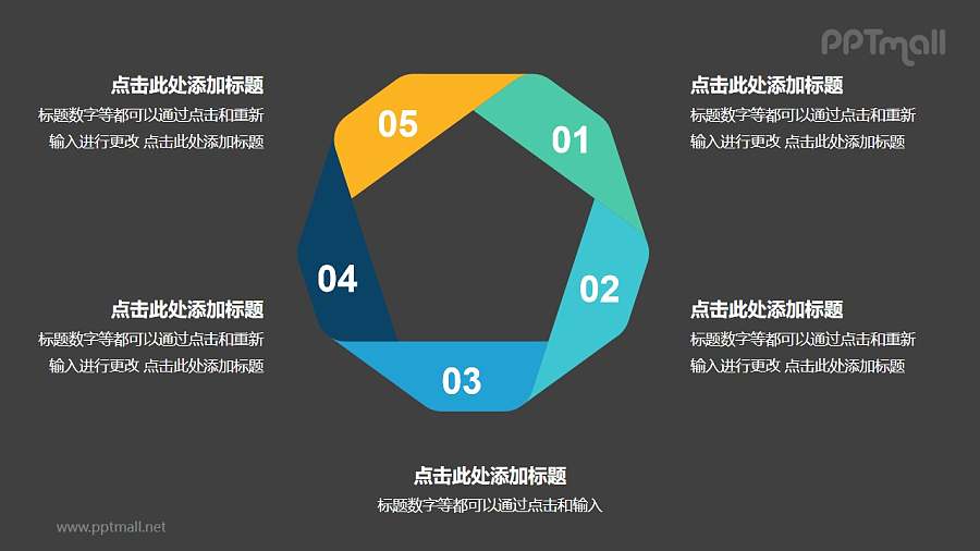 彩色折纸组成的五边形循环关系逻辑图PPT模板