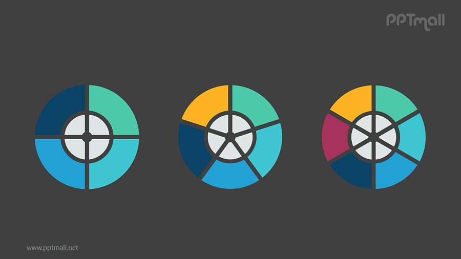 3个彩色饼图并列关系逻辑图PPT模板