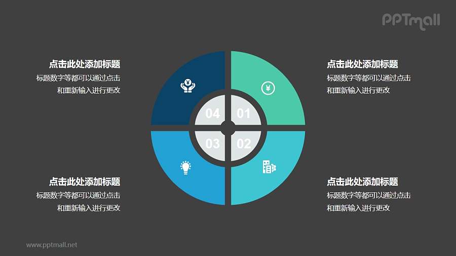 蓝绿色4部分饼图并列关系逻辑图PPT模板
