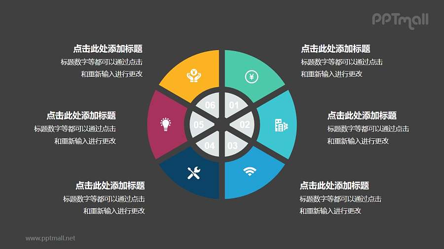 6部分同心圆形状的饼图并列关系逻辑图PPT模板