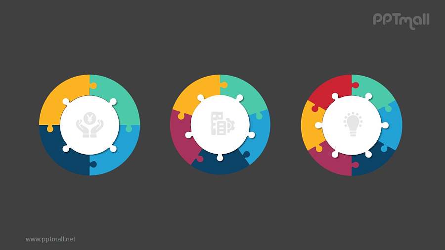 3个并列的彩色饼图循环关系逻辑图PPT模板