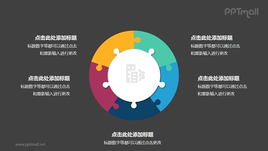 5个彩色拼图组成的同心圆循环关系逻辑图PPT模板