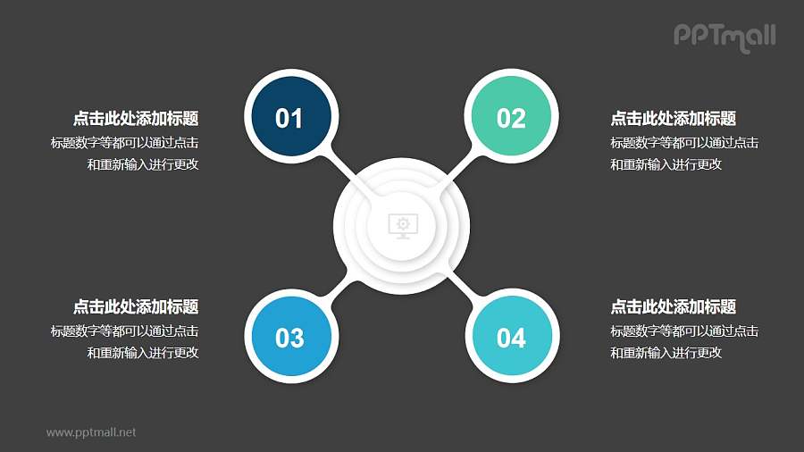 4个圆形图总分关系并列关系逻辑图PPT模板