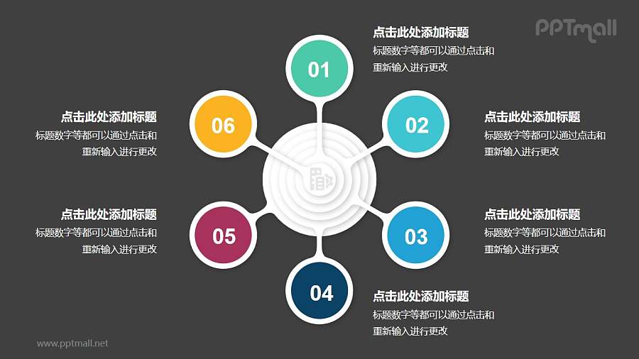 6个圆形图总分关系并列关系逻辑图PPT模板