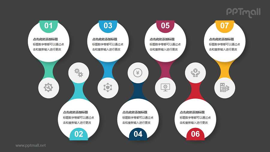 7个彩色立体圆盘卡片并列关系PPT模板