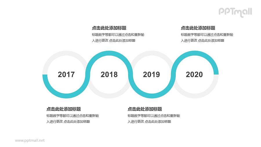 绿色线条组成的4个圆形时间轴递进关系逻辑图PPT模板