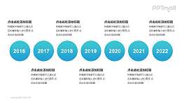 7个蓝色圆形组成的时间轴递进关系逻辑图PPT模板