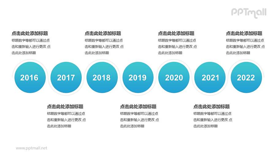 7个蓝色圆形组成的时间轴递进关系逻辑图PPT模板