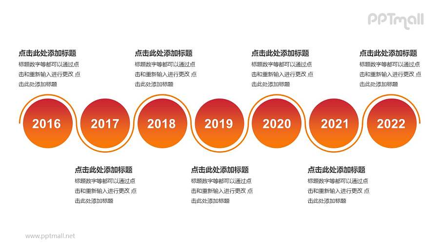 7个红色圆形组成的时间轴递进关系逻辑图PPT模板