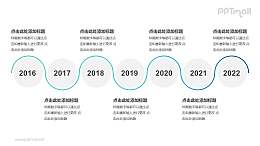 蓝色线条组成的7个圆形时间轴递进关系逻辑图PPT模板