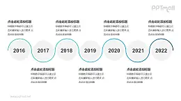 蓝色线条组成的7个圆形时间轴递进关系逻辑图PPT模板
