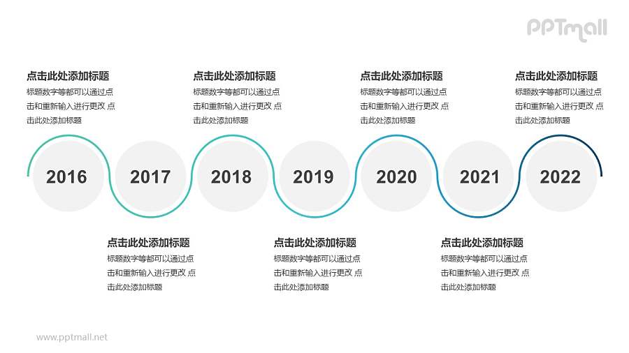 蓝色线条组成的7个圆形时间轴递进关系逻辑图PPT模板