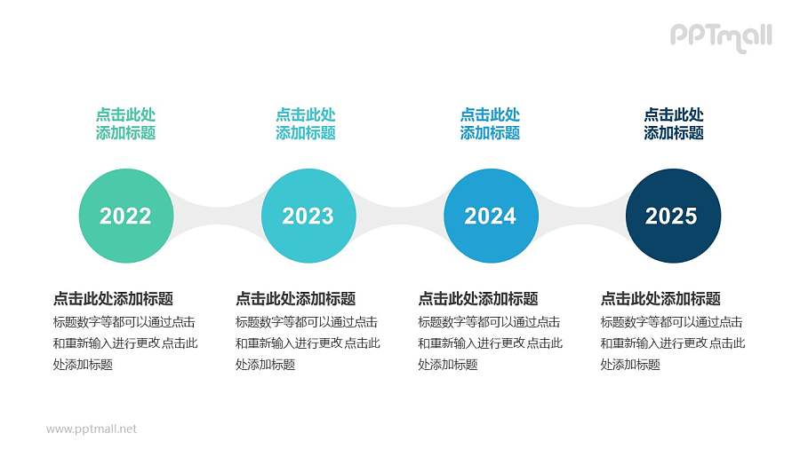 4个蓝绿色半透明圆形组成的时间轴递进关系PPT模板