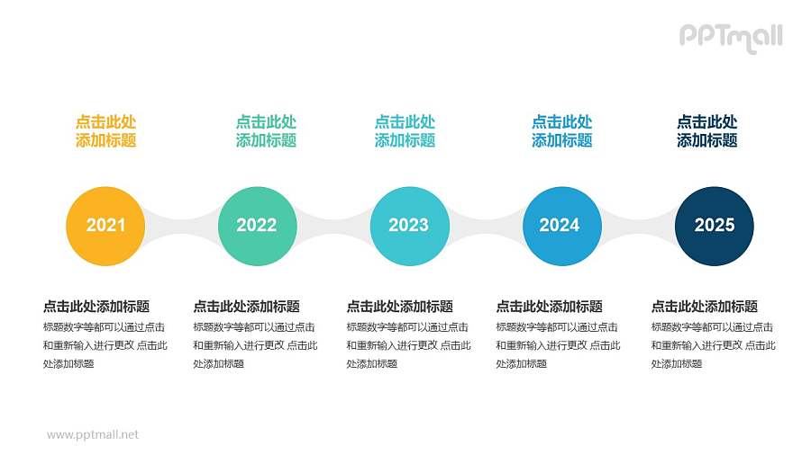 5个半透明圆形组成的时间轴递进关系PPT模板