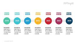 7个半透明圆形组成的时间轴递进关系PPT模板